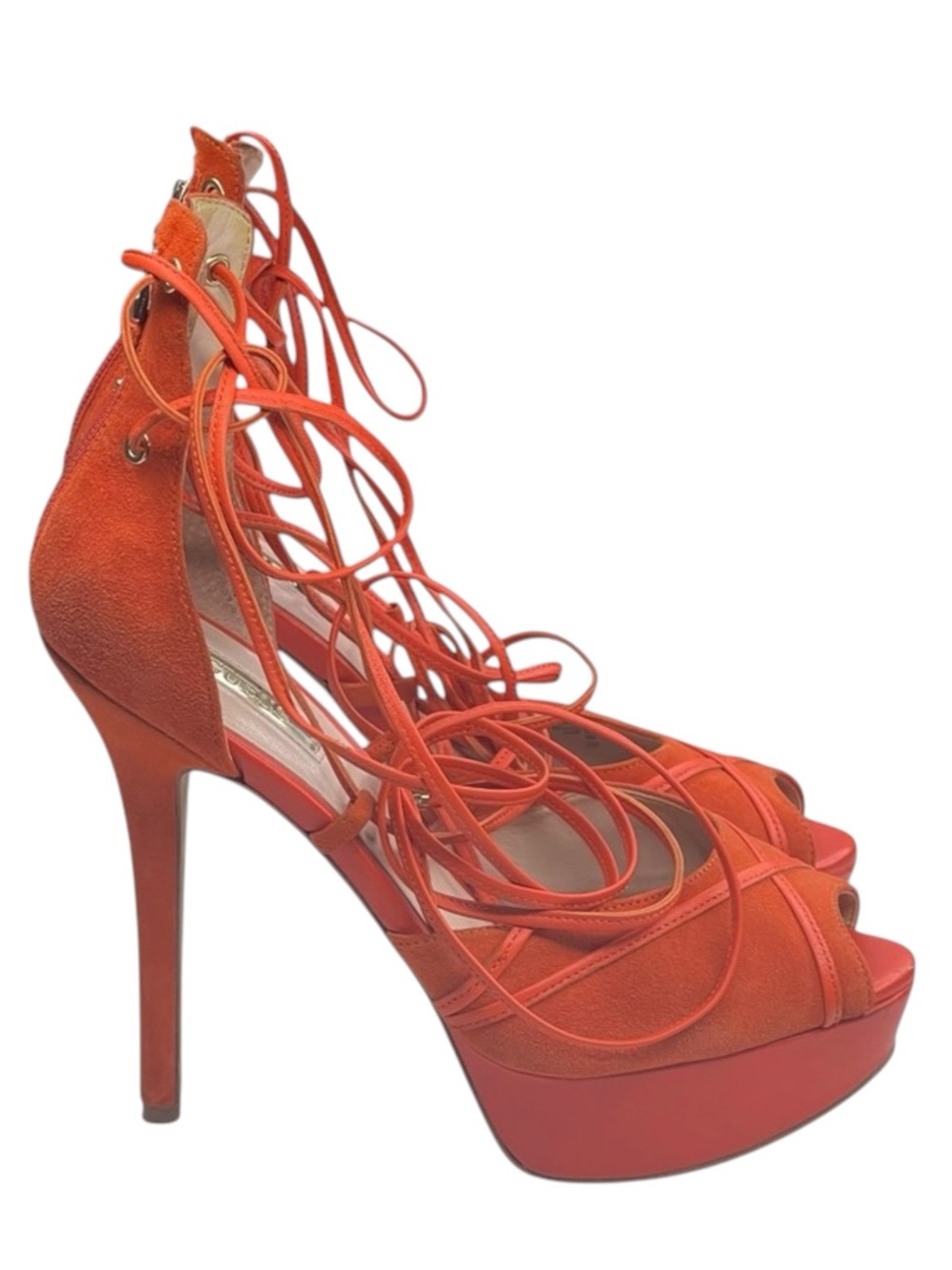Guess ᯾ Raja Ankle Wrap Platform Stiletto Peep Toe Heels ᯾ Orange Suede ᯾ 8M - Picture 3 of 16